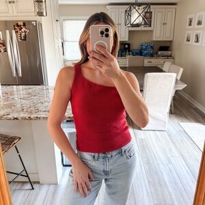 House of Harlow 1960 Red Ribbed One Shoulder Tank Top Size Large
